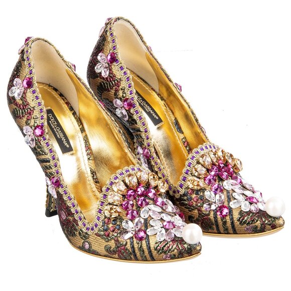 Dolce & Gabbana - Lurex Jacquard Crystals Embroidered Pumps ALADINO Gold EUR 39, - Picture 2 of 5